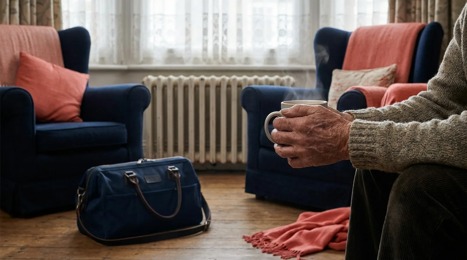 An elderly Londoner's hands around a warm mug of tea beside a working radiator, a heating engineer's tool bag on the floor nearby