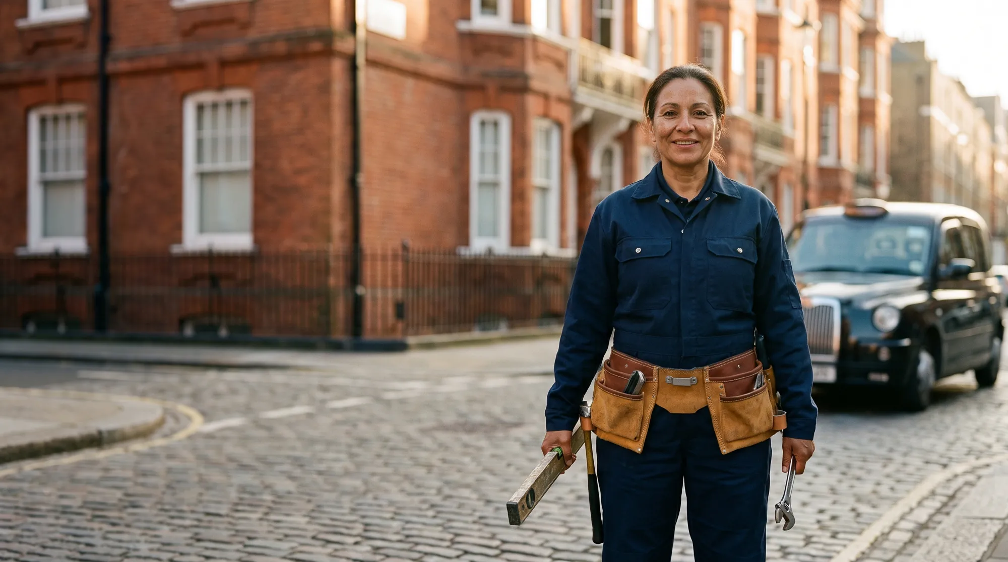 A tradesperson in navy workwear with a leather tool belt standing on a cobbled London street, a black cab behind