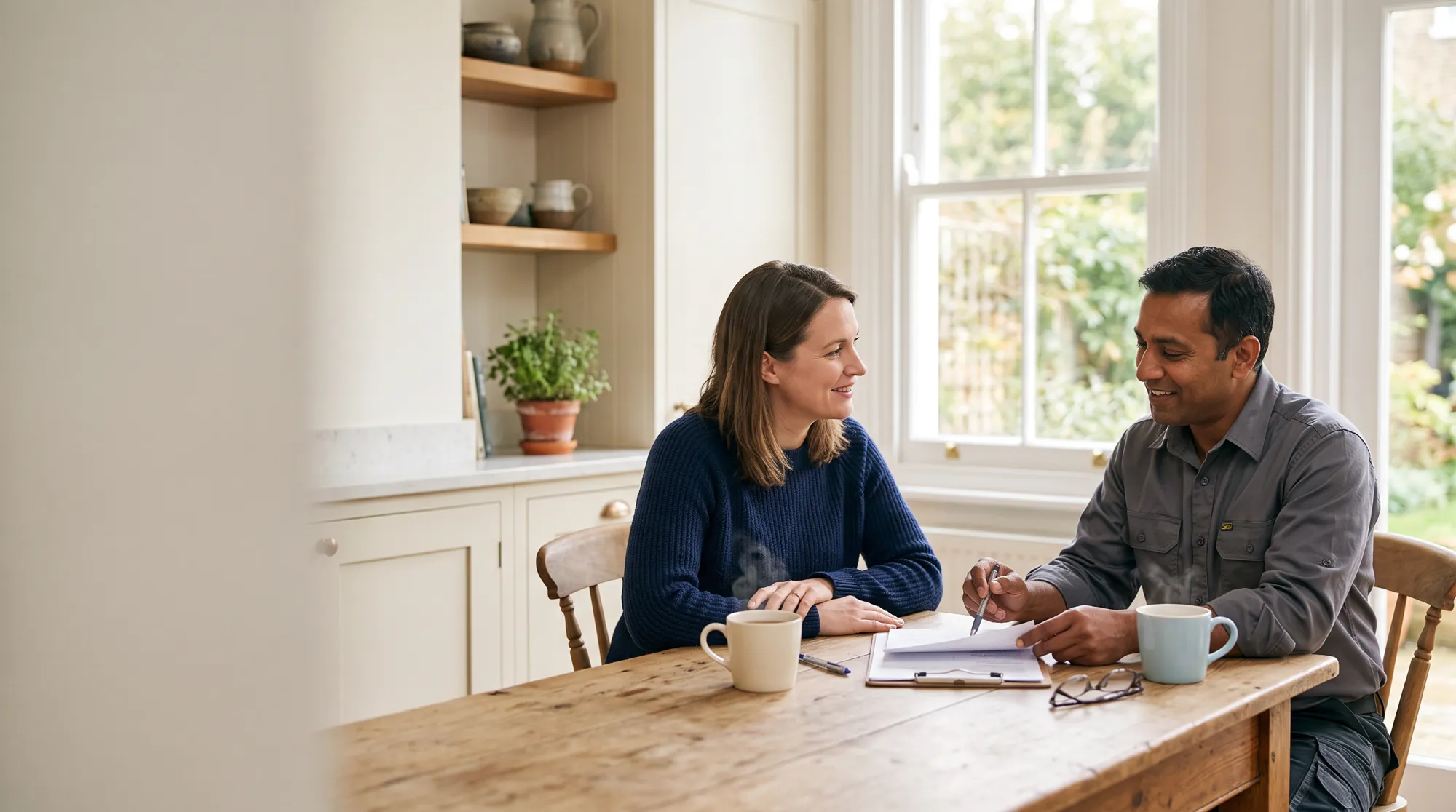 A tradesperson and a homeowner reviewing a written quote together over tea at a table in a bright London kitchen