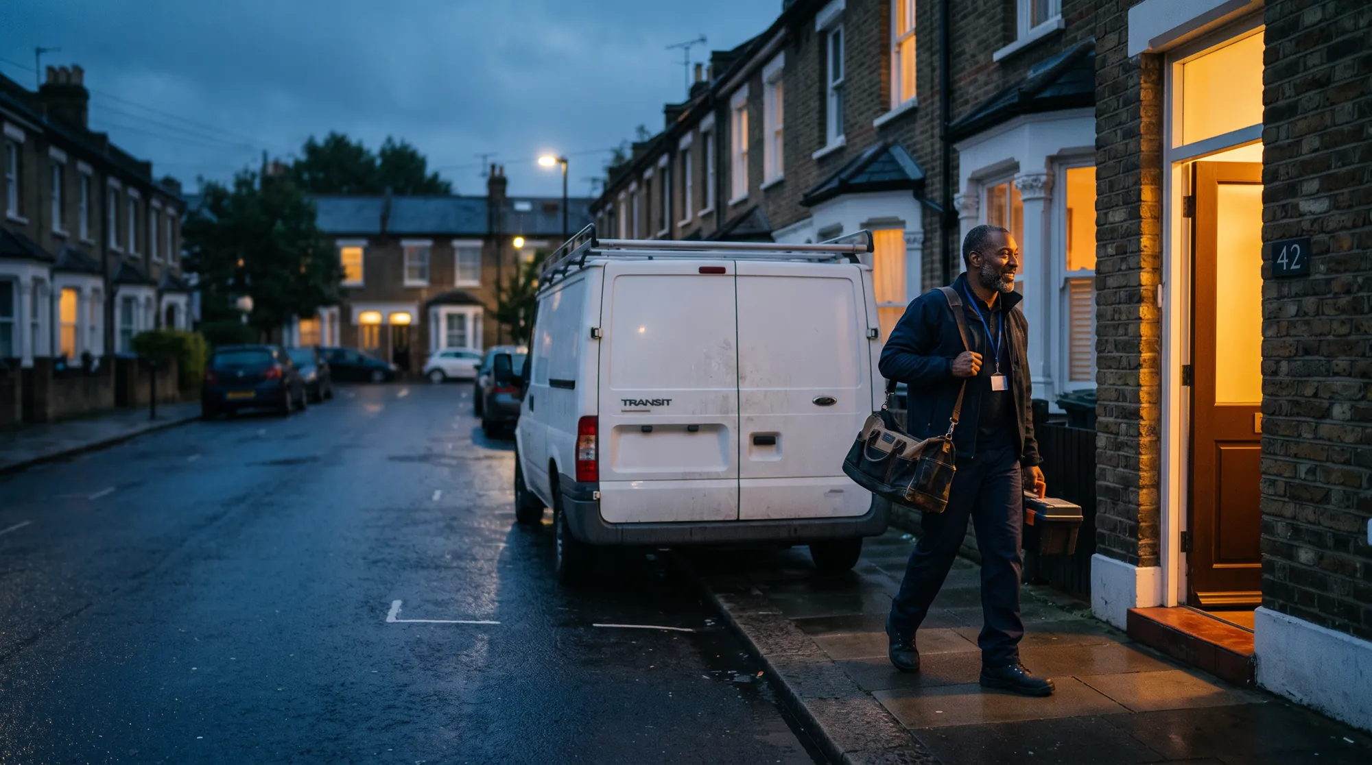 A verified tradesperson with an ID lanyard and tool bag arriving at a warmly lit front door on a London terraced street at dusk, their van parked at the kerb