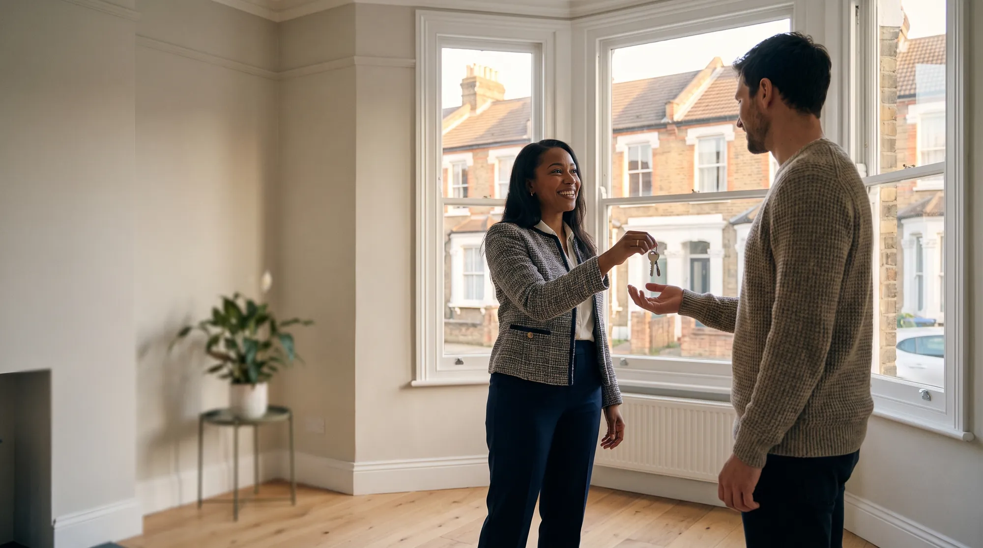 A letting agent handing a set of keys to a landlord in a bright, freshly maintained London flat, with a row of terraced houses visible through the bay window