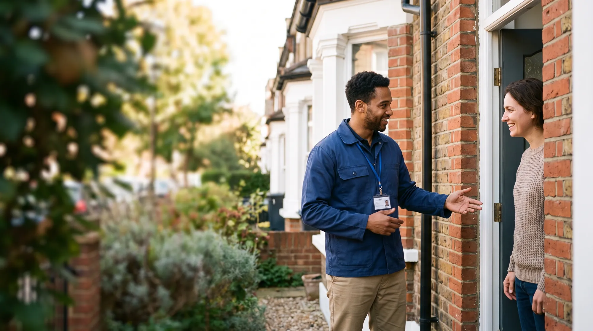 A verified Hero in workwear presenting the ID badge on their lanyard as a householder welcomes them at a London front door